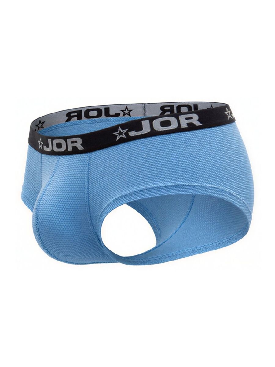Light blue JOR 2345 Cannes men’s briefs with black waistband featuring brand name and star logos