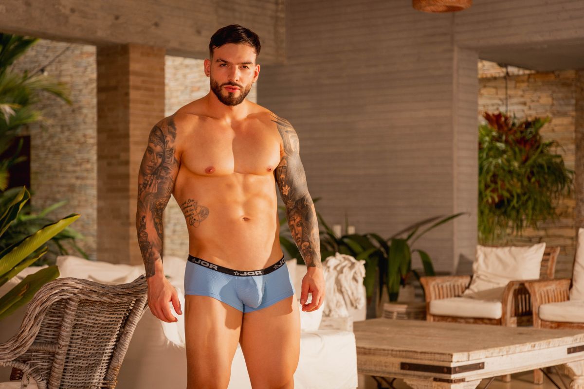 Light blue jor 2345 cannes trunks briefs with black elastic waistband featuring the brand logo