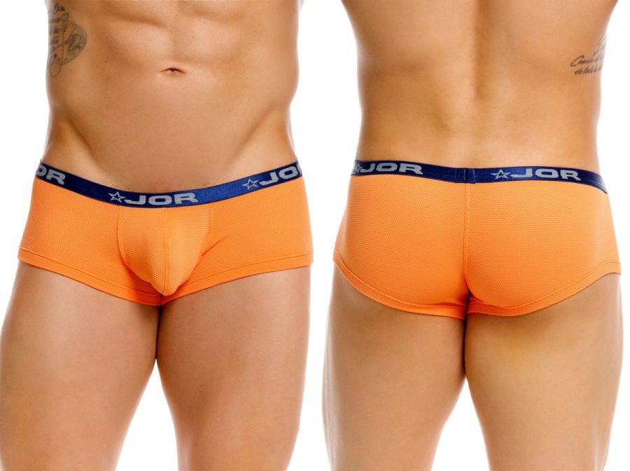 Orange jor 2345 cannes trunks briefs with blue waistband featuring jor logo and star design in front view