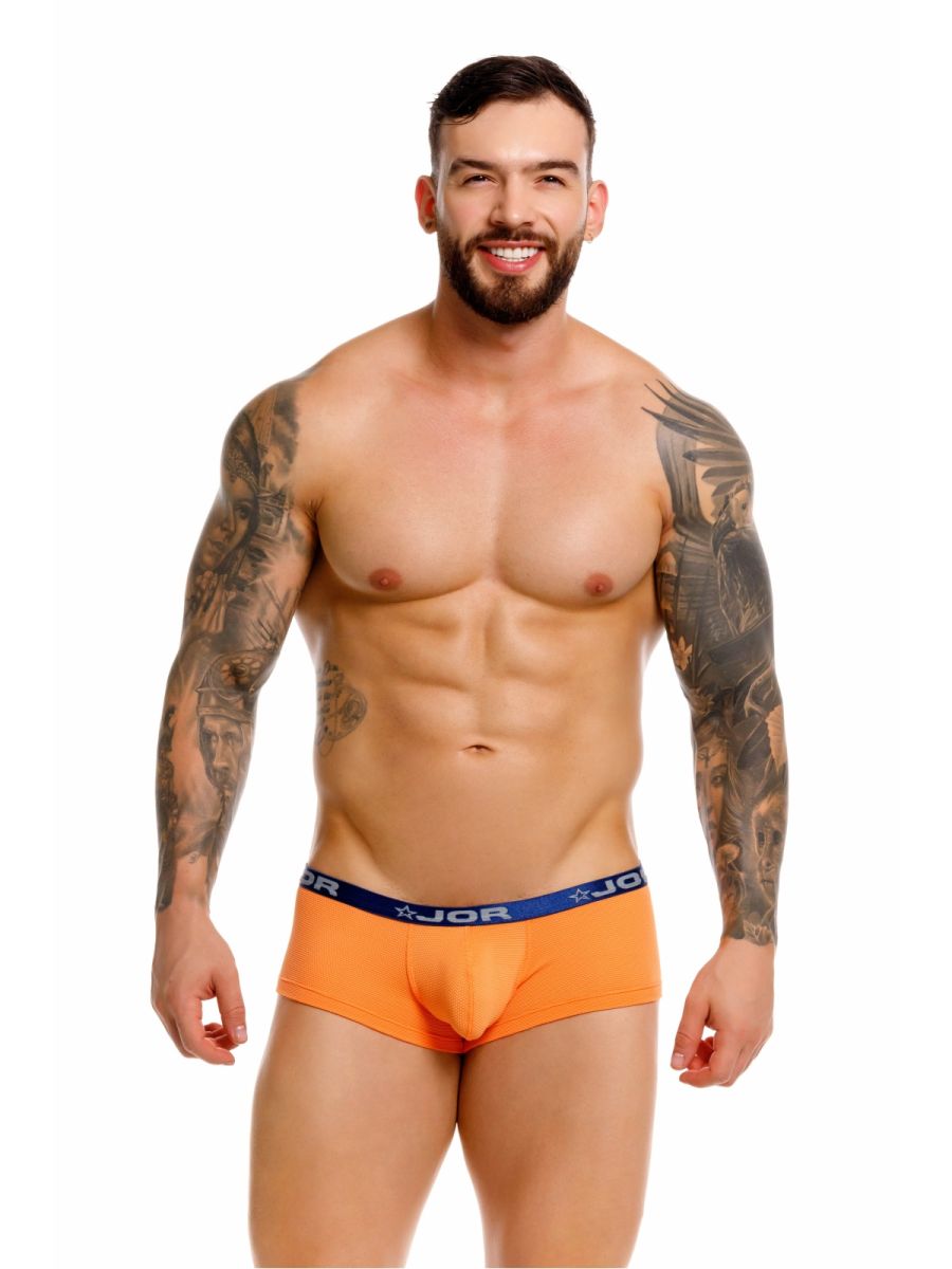 Orange jor 2345 cannes trunks briefs with blue elastic waistband featuring jor logo and star emblem