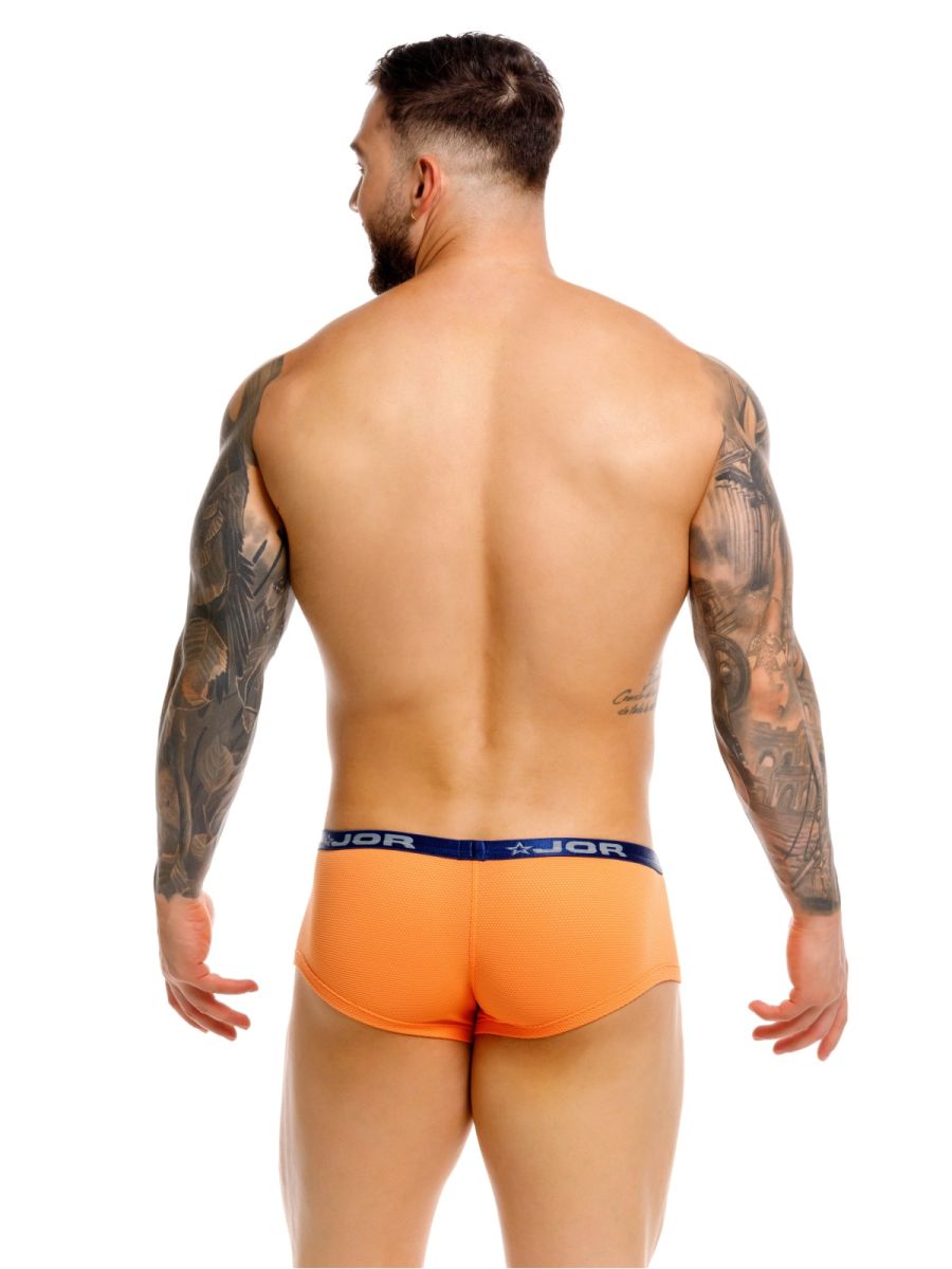 Bright orange jor 2345 cannes briefs with navy blue waistband featuring jor logo and star emblem