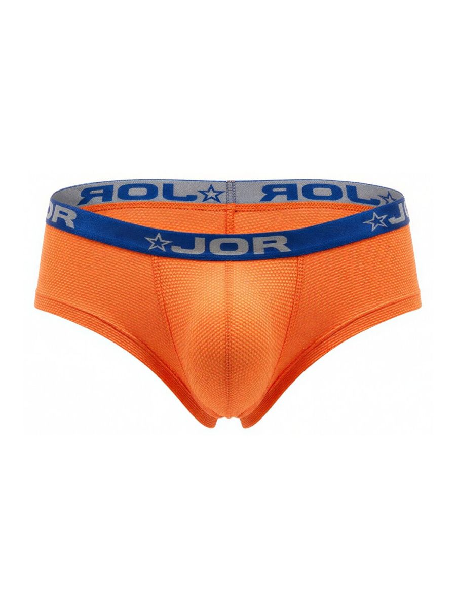 Bright orange jor 2345 cannes men’s briefs with blue and gray elastic waistband featuring brand logo and star design