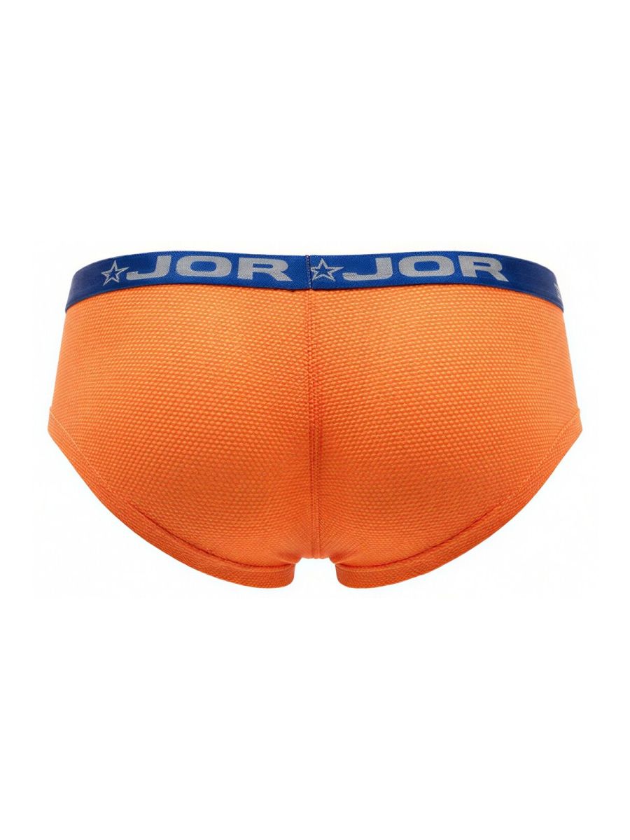 Bright orange jor 2345 cannes trunks briefs with textured fabric and blue waistband featuring jor logo