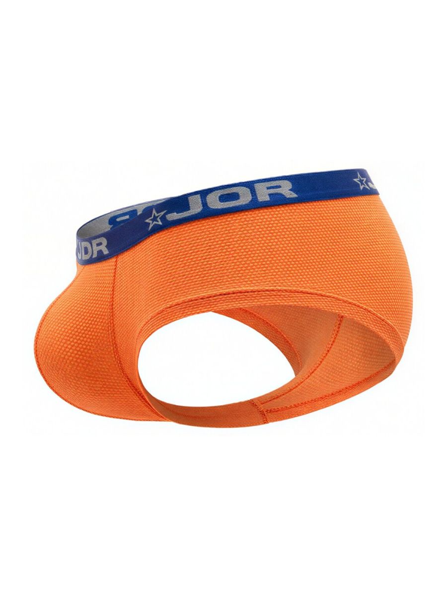 Bright orange jor 2345 cannes athletic briefs with blue elastic waistband featuring jor brand name and star logos
