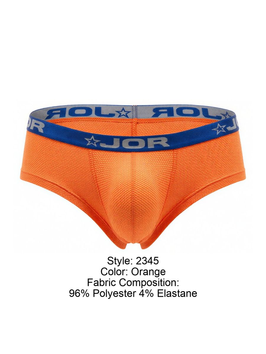 Orange jor 2345 Cannes trunks briefs with blue elastic waistband featuring jor logo and star design