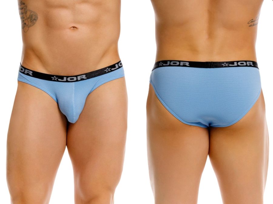 Light blue JOR 2346 Cannes bikini briefs with black elastic waistband featuring white star and logo print