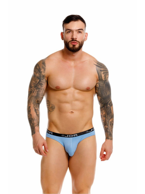 Light blue jor 2346 Cannes bikini briefs with black waistband featuring jor logo and star motifs