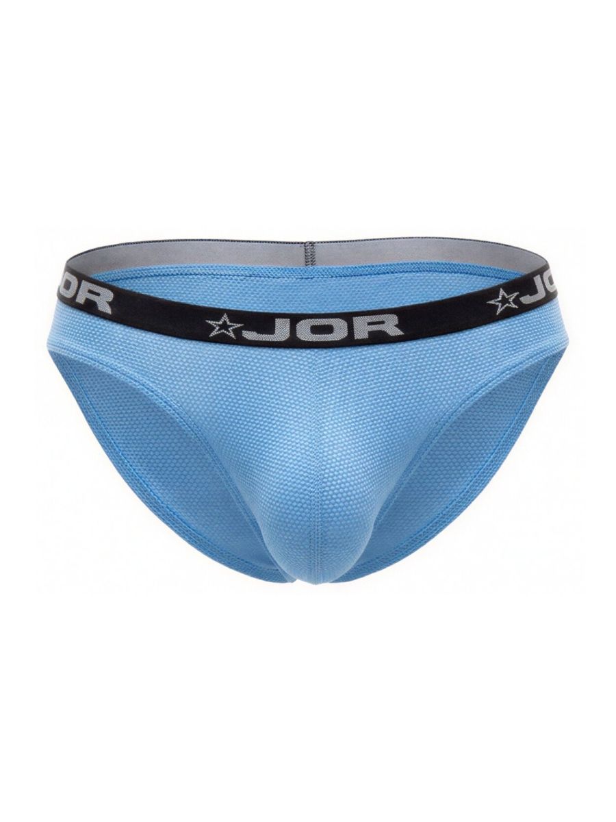 Light blue jor 2346 Cannes bikini briefs for men with black waistband featuring brand name and star logo