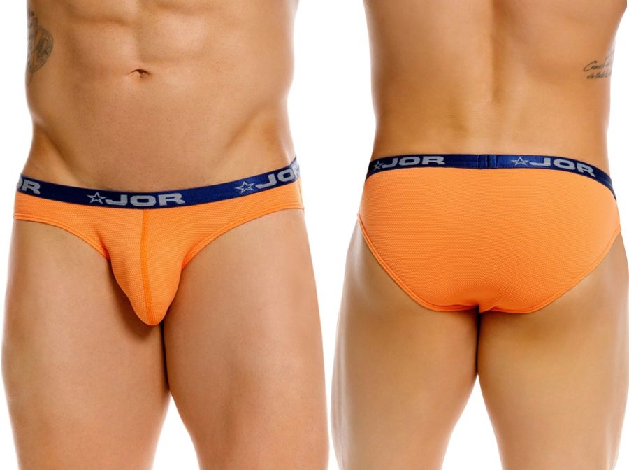 Orange jor 2346 Cannes bikini briefs with navy blue waistband featuring white lettering and star logos