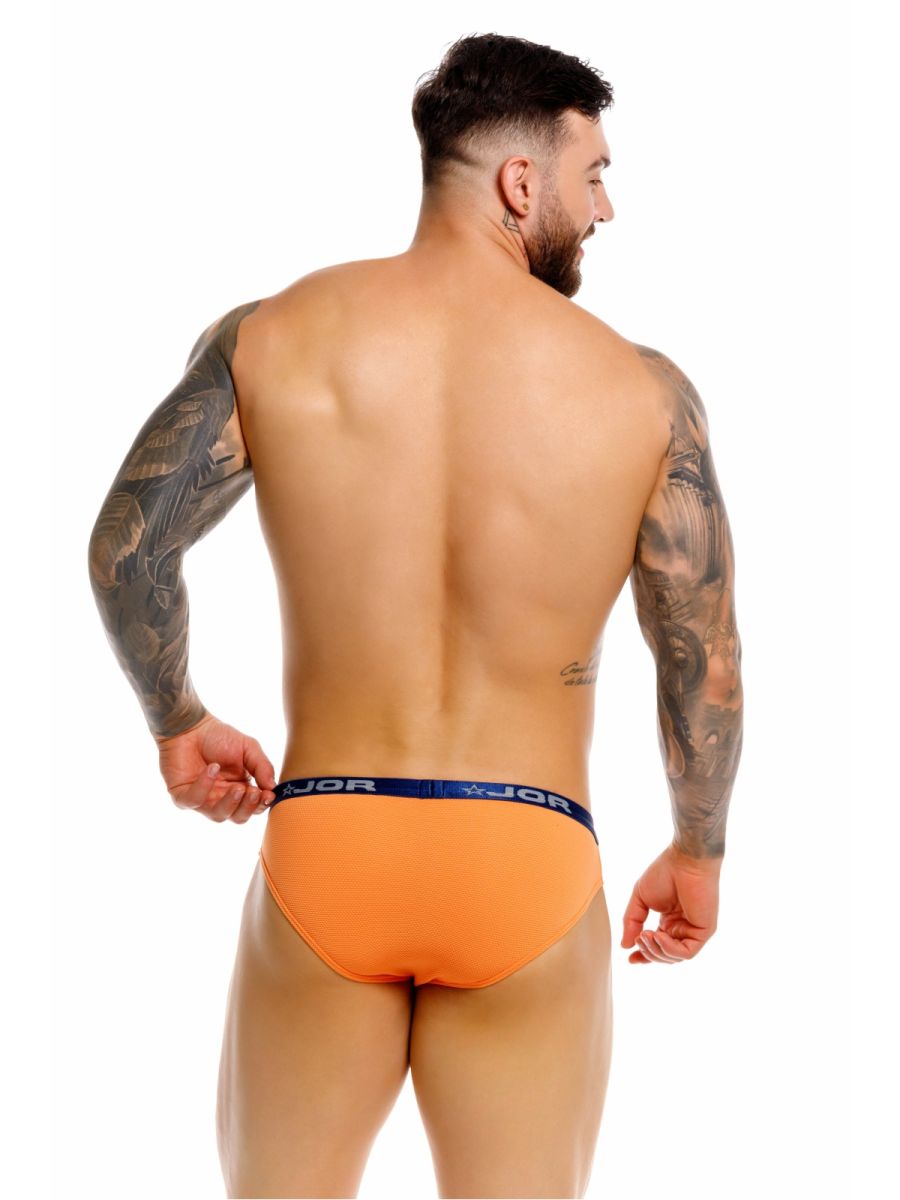 Orange jor 2346 cannes bikini briefs with navy blue waistband featuring jor brand logo in front view