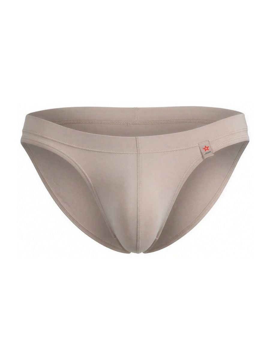 Beige jor 2348 invisible bikini men’s briefs with smooth form-fitting design and red star logo on waistband