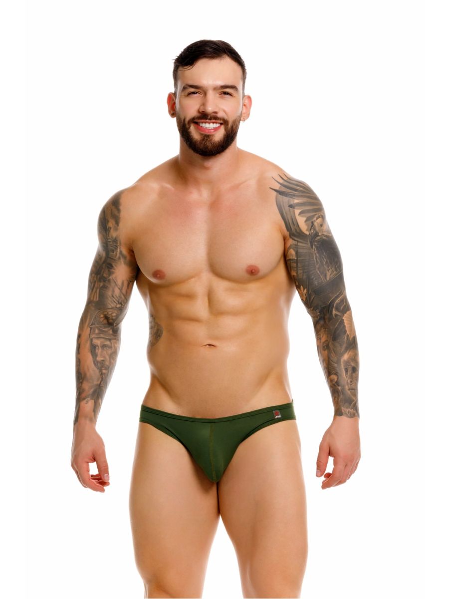Dark green form-fitting jor 2353 origin bikini briefs with subtle brand logo on the side in breathable fabric