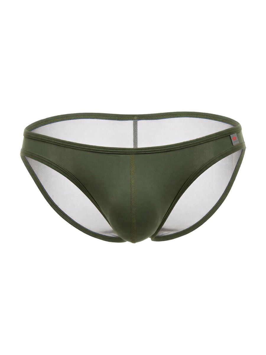Olive green jor 2353 origin bikini briefs with mesh fabric and transparent side panels in a sleek design