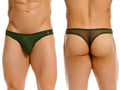 Dark green sheer JOR 2354 Origin thong with solid fabric waistband and small red logo on the left side