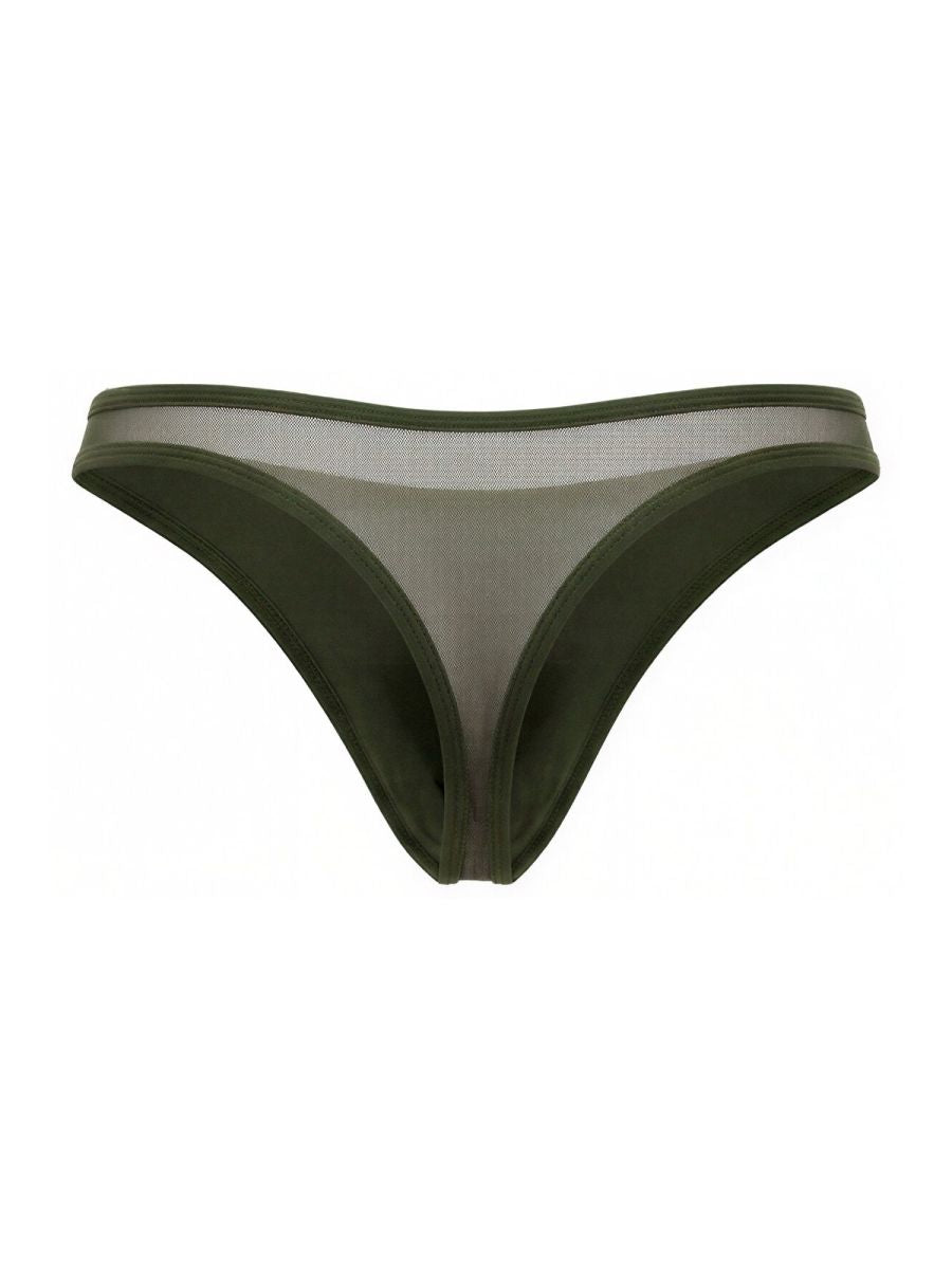 Green olive mesh thong with solid fabric trim jor 2354 origin thongs showing front side