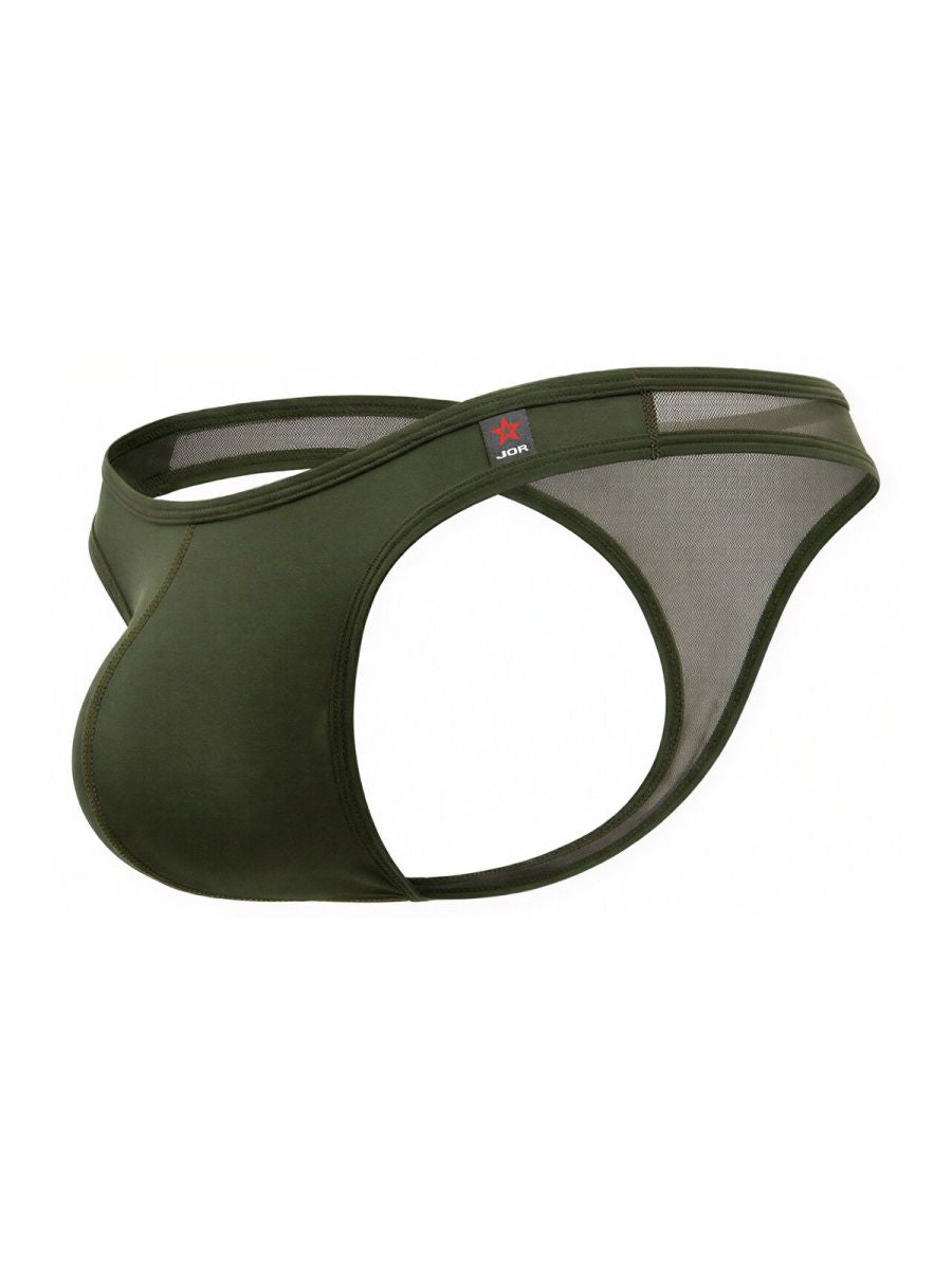 Olive green jor 2354 origin mesh and satin briefs with red star logo on waistband front view