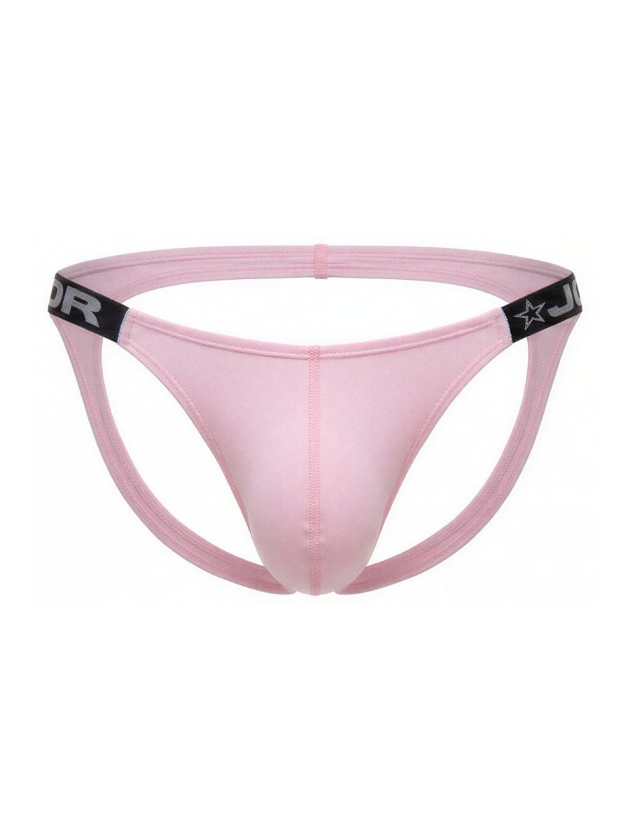 Pink jor 2356 eros jockstrap thong with black elastic waistband featuring star logo and partial brand lettering
