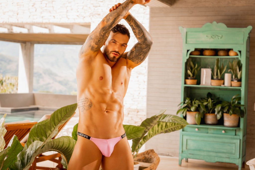 Pink JOR 2357 Eros athletic briefs with black elastic waistband featuring dor branding for active wear