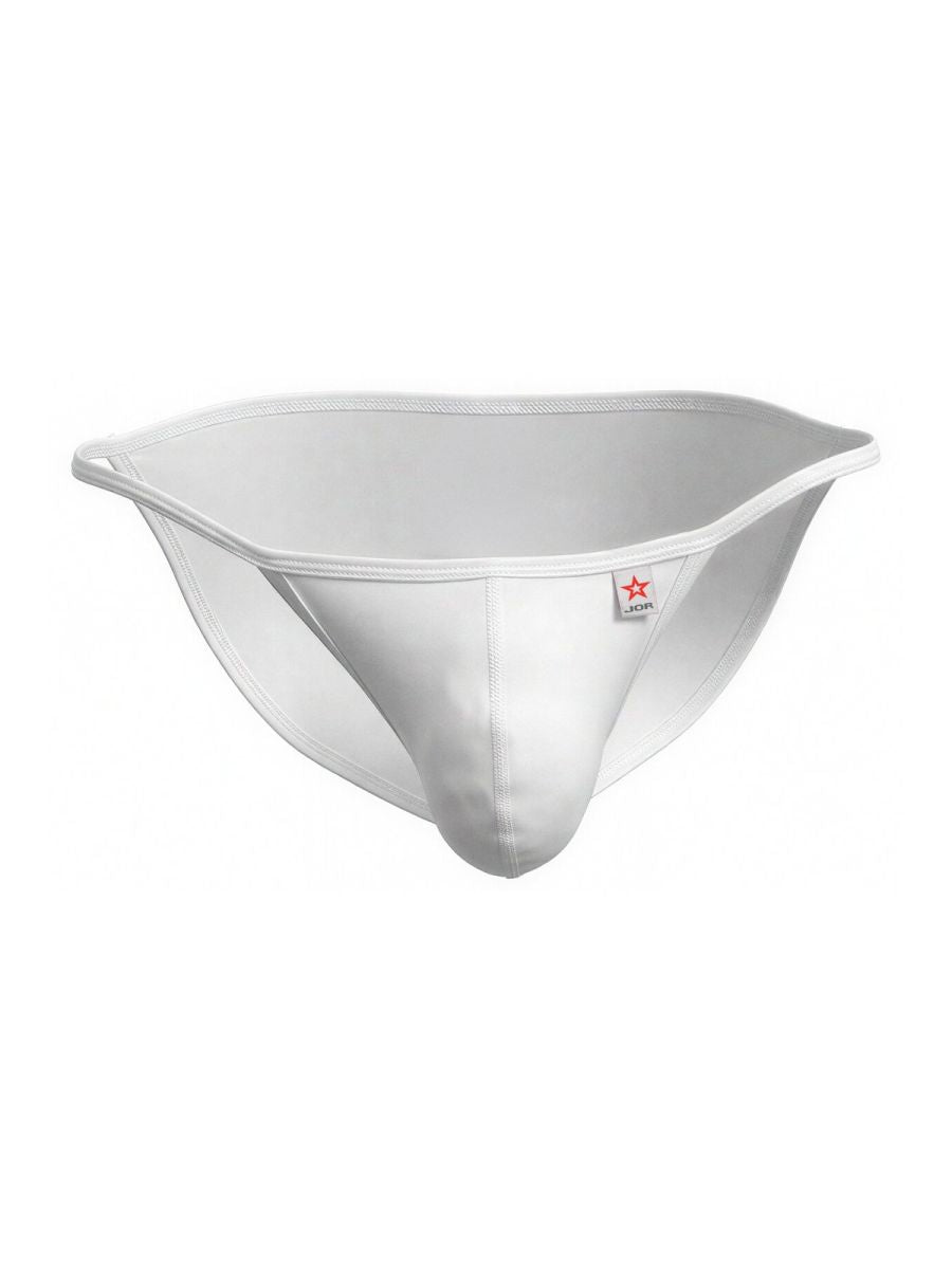 White seamless JOR 2358 Axel bikini briefs with minimalist design and subtle red star logo on the waistband