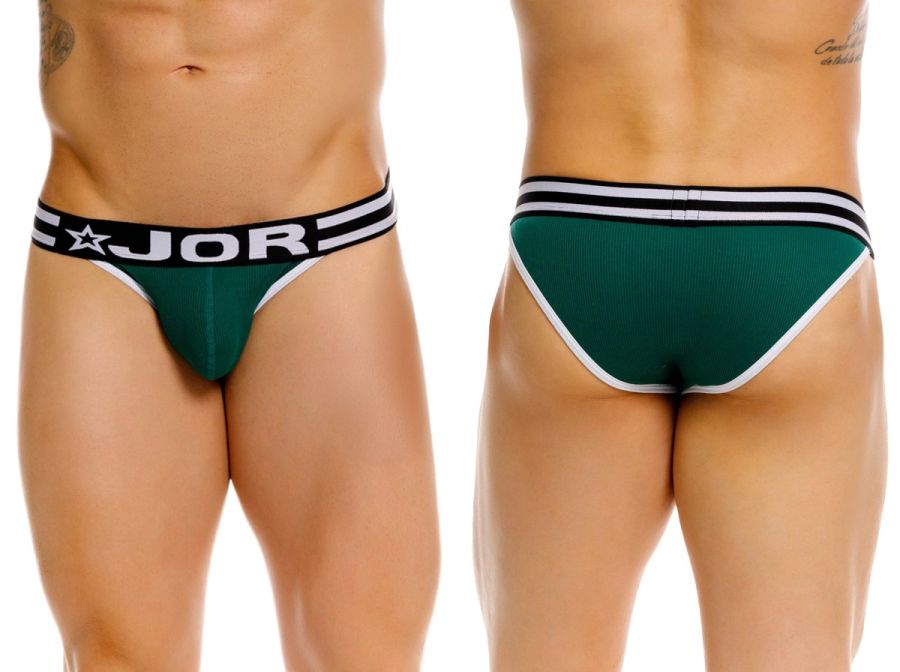 Green jor 2362 rush bikini briefs with black and white striped waistband and trim for comfortable wear
