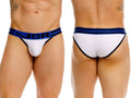 White jor 2362 rush bikini briefs with blue waistband and black lettering and trim in front view