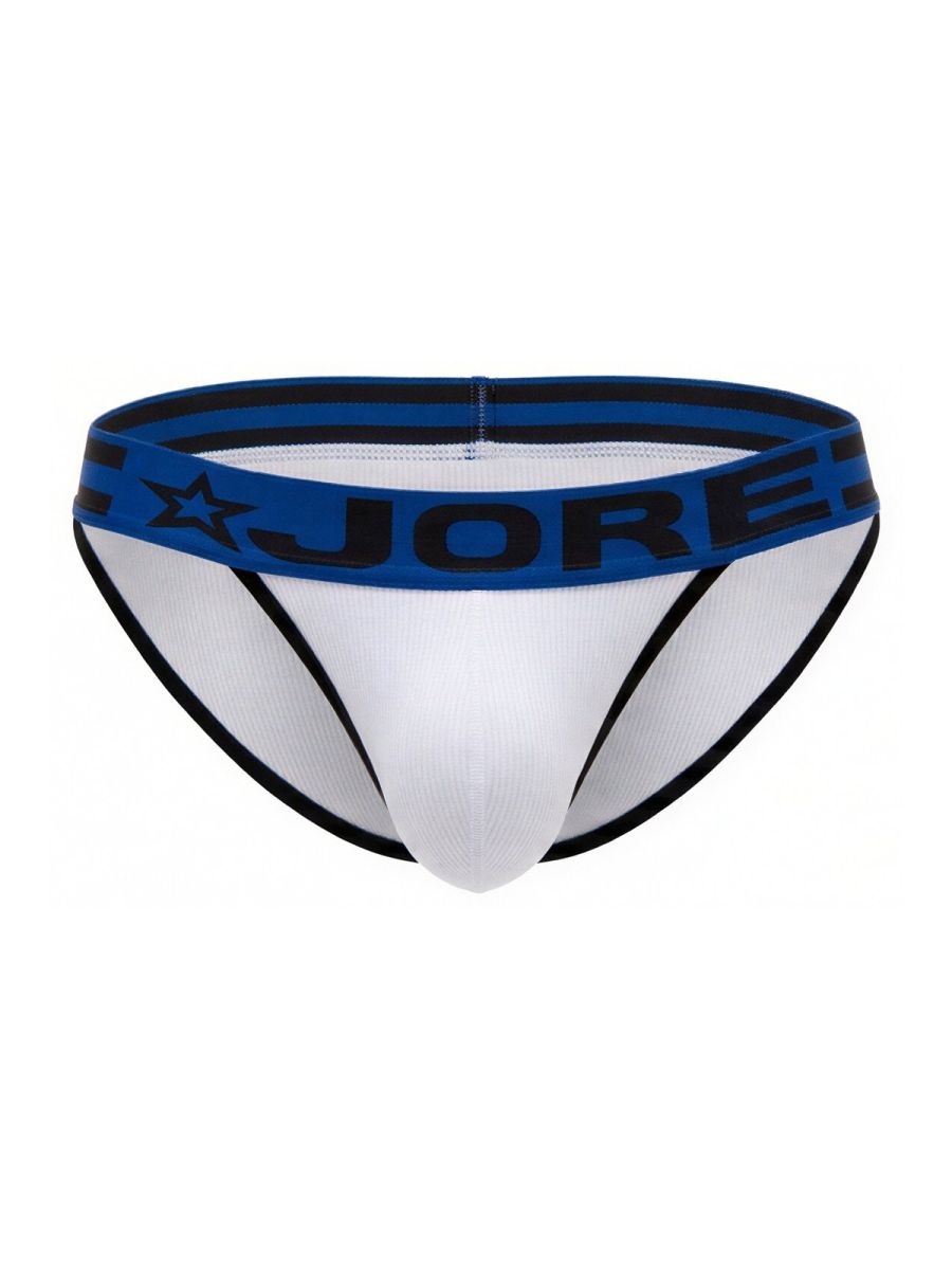 White jor 2362 rush bikini briefs with blue waistband black lettering star logo and thin black trim accents