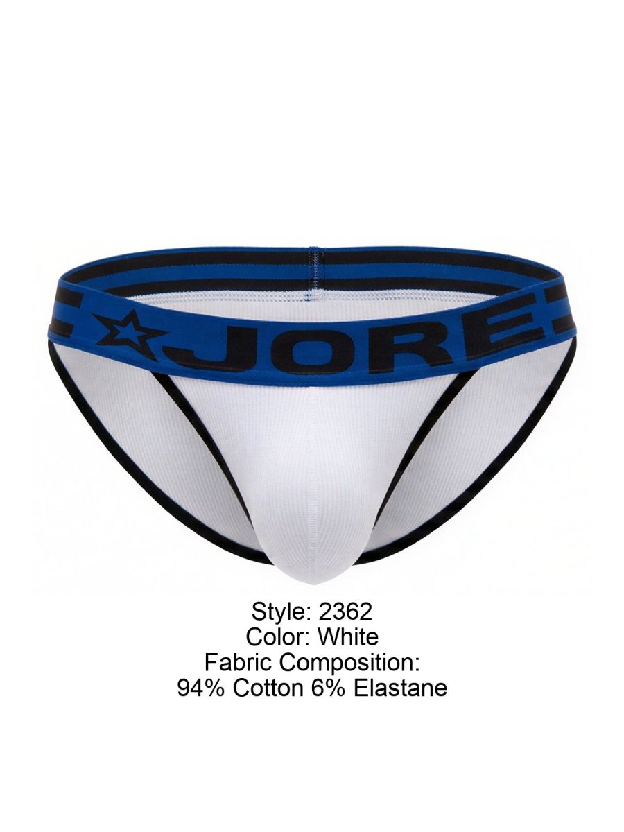 White jore briefs with blue waistband black lettering star logo made of 94 percent cotton 6 percent elastane model 2362 rush bikini