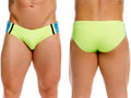 Jor 2384 wind swim briefs in vibrant neon green with blue and black striped side panels for swimming use