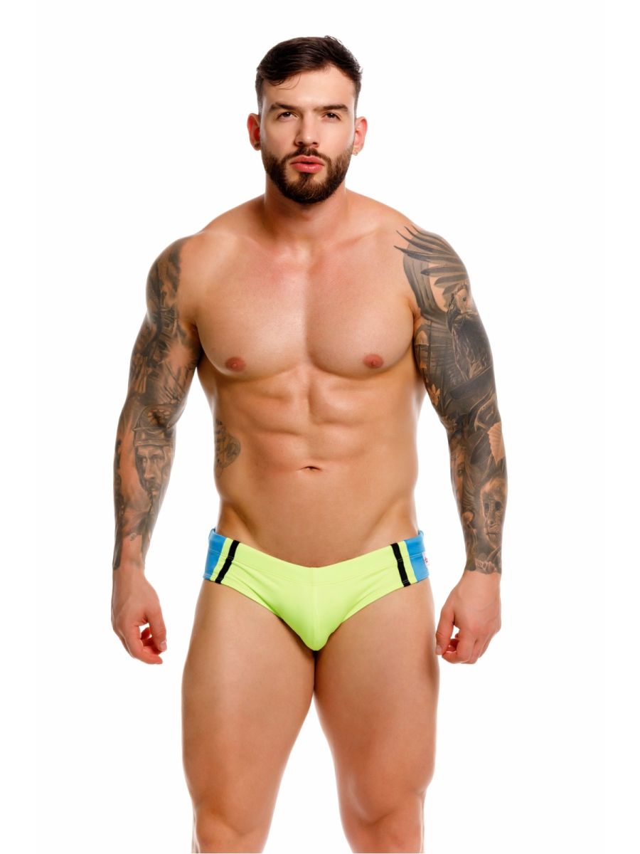 Neon green jor 2384 wind swim briefs with blue and black striped side panels designed for active swimming