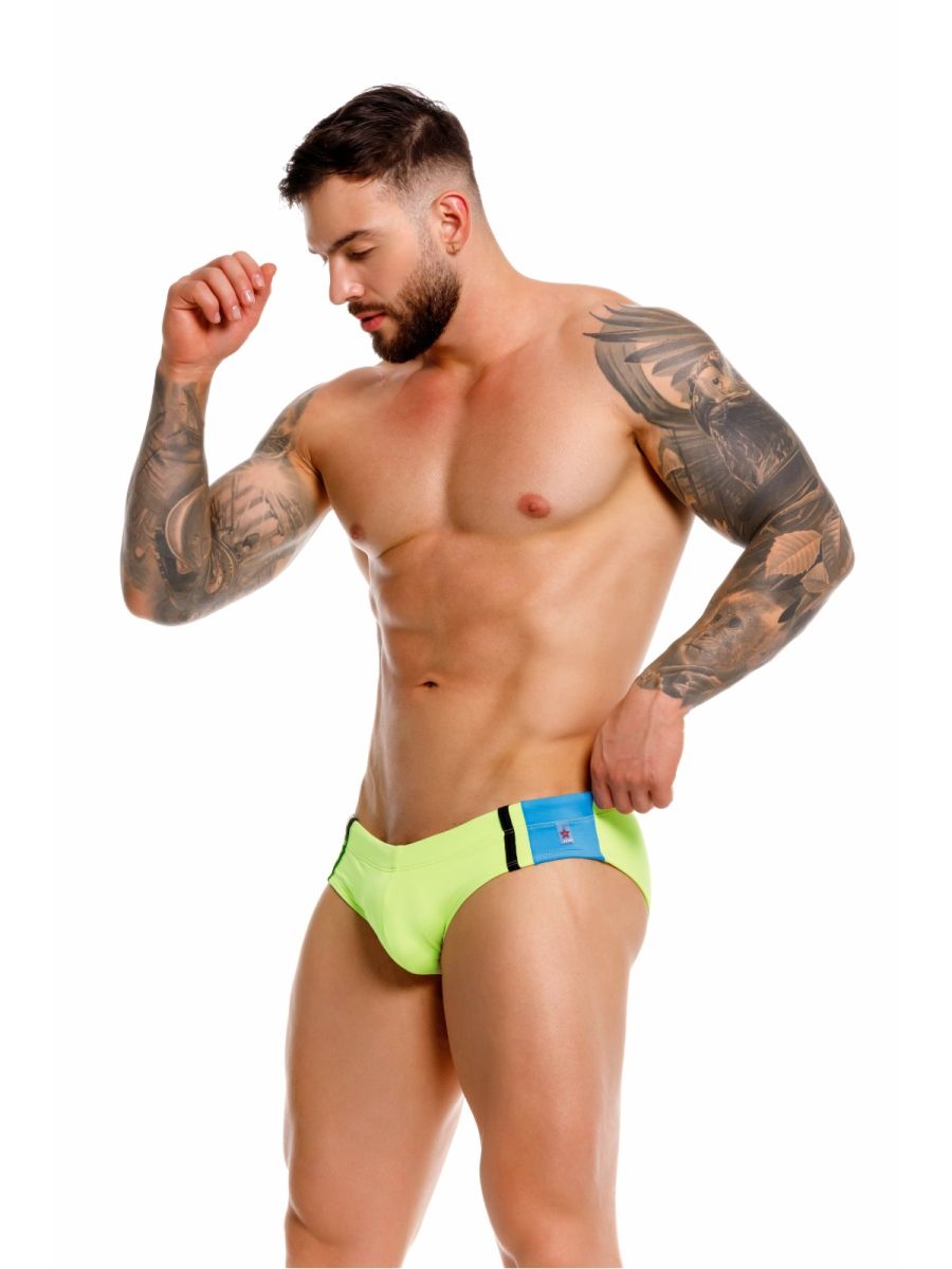 Neon green jor 2384 wind swim briefs with blue and black accent waistband designed for swimming