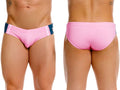 Pink JOR 2384 Wind swim briefs with navy blue side panels and white stripes designed for swimming use