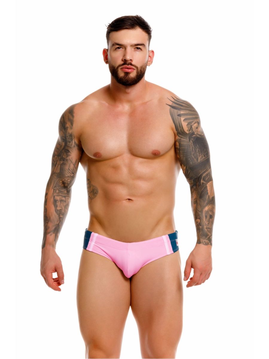 Pink jor 2384 wind swim briefs with navy blue side panels designed for swimming and water activities