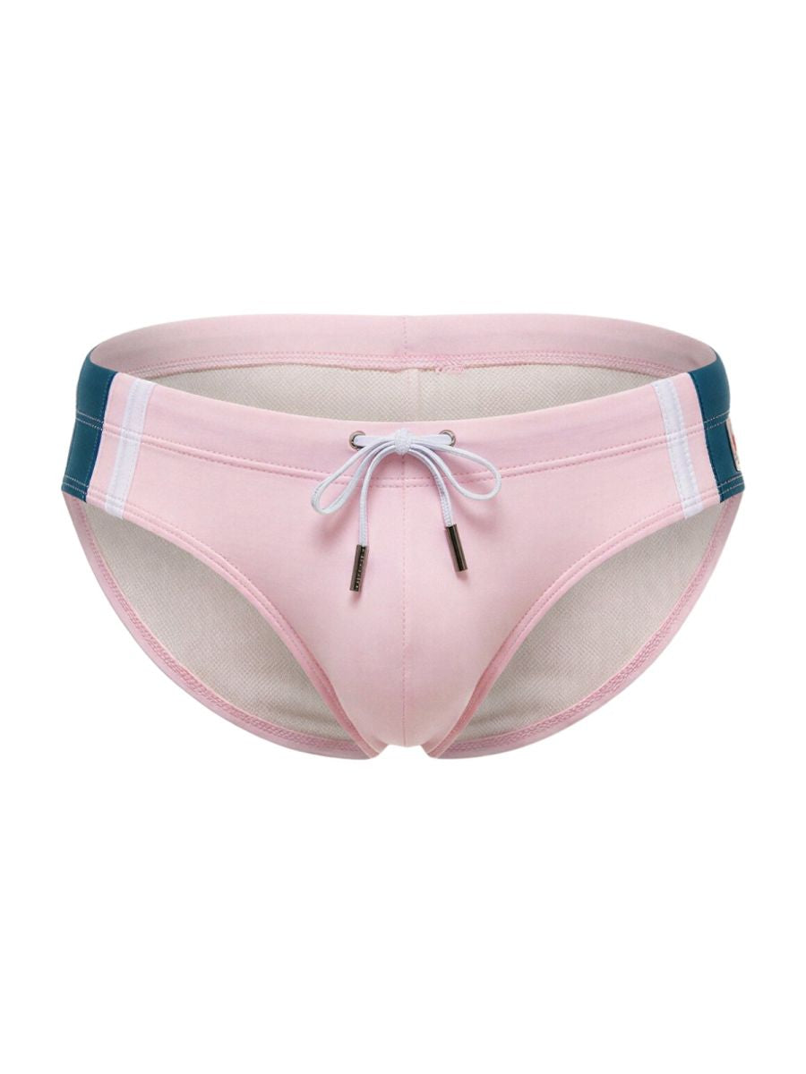 Pink jor 2384 wind swim briefs with teal and white striped side panels and drawstring closure for swimming