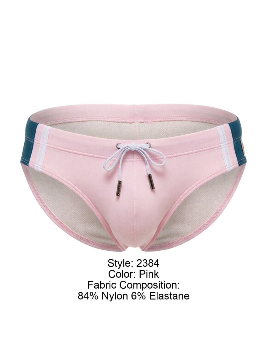 Pink jor 2384 wind swim briefs with teal and white side stripes and drawstring closure for comfortable fit
