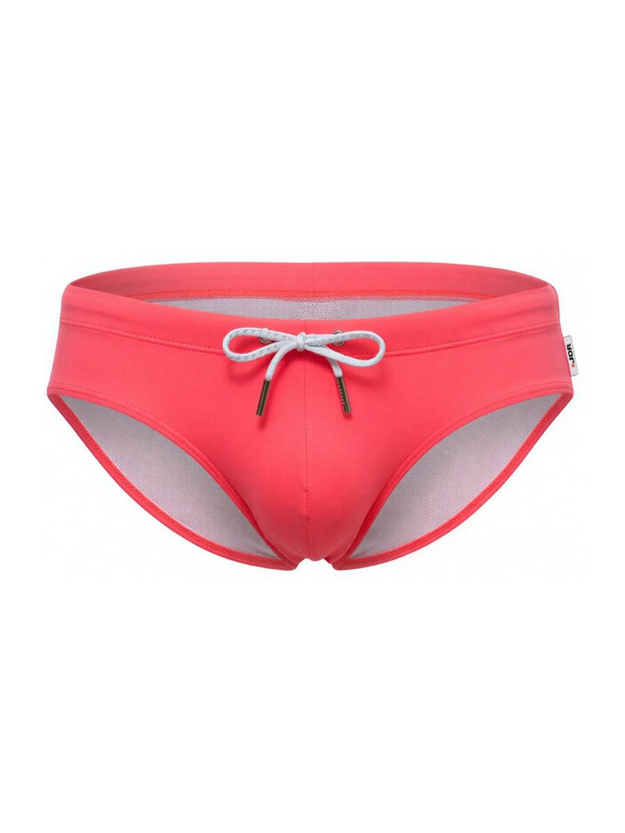 Coral-colored jor 2387 travel swim briefs with white drawstring and mesh lining designed for swimming and travel