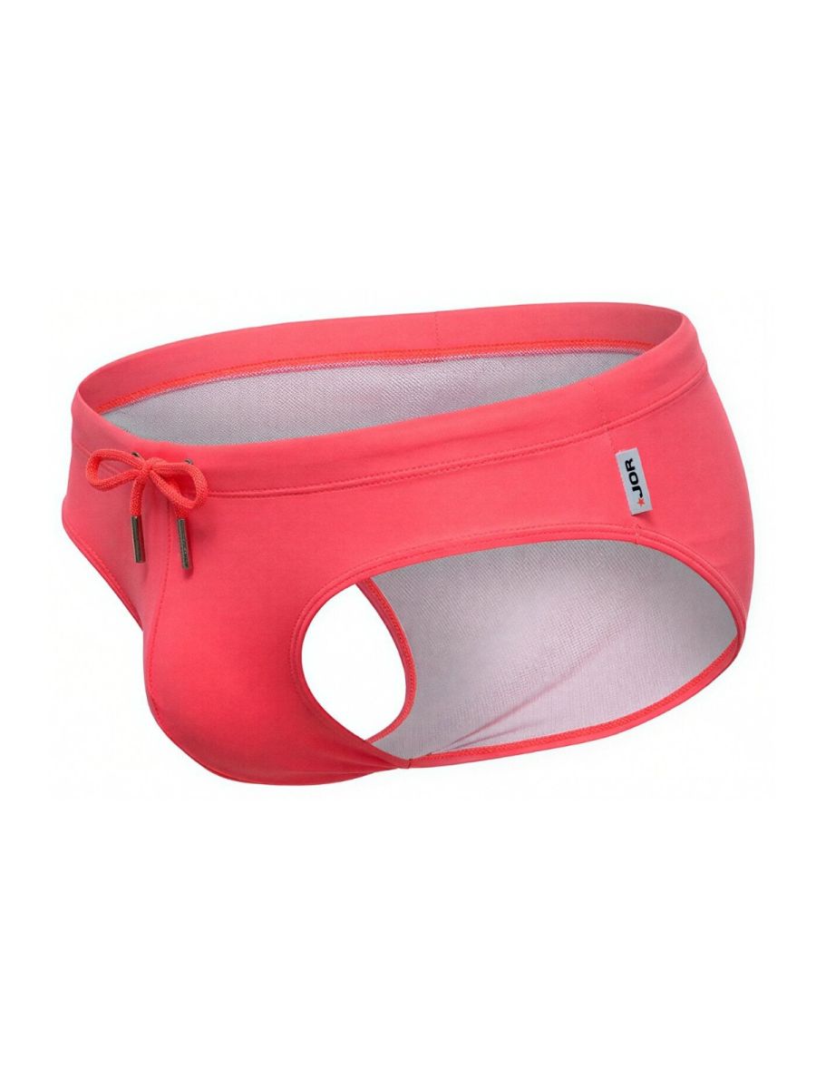 Bright coral color jor 2387 travel swim briefs with mesh interior and drawstring waistband for men