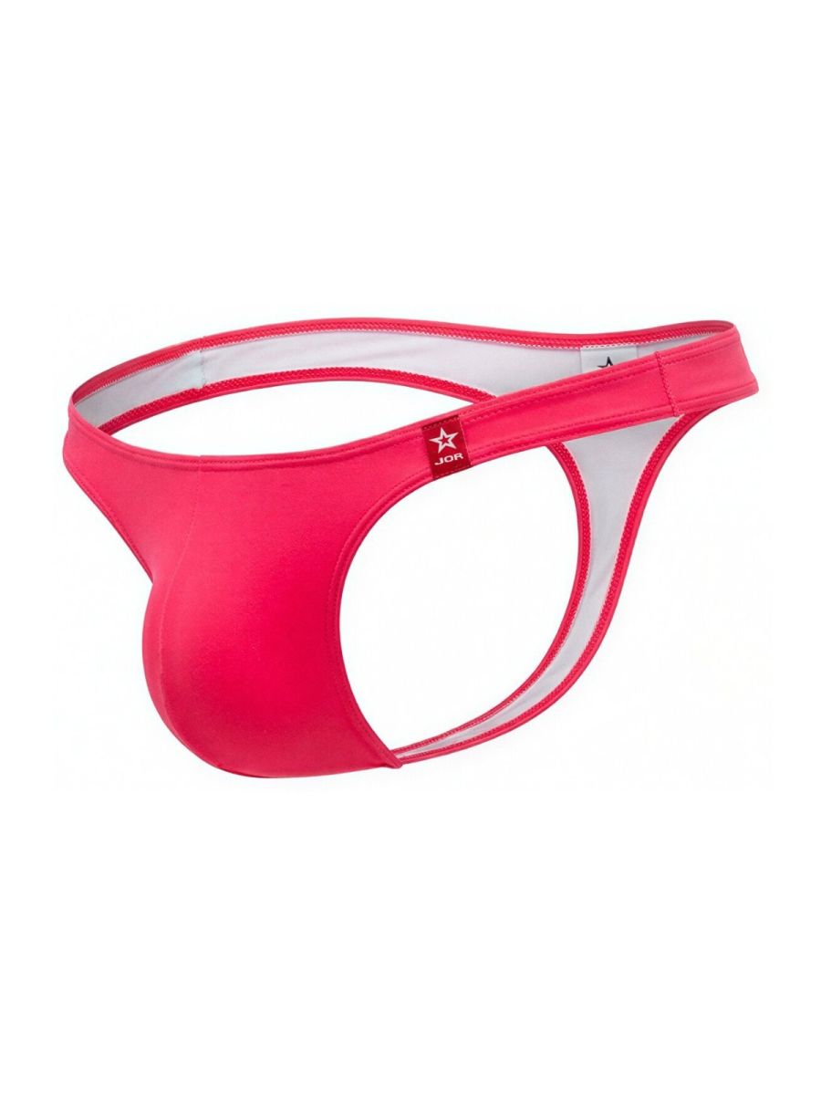 Bright pink jock brand travel swim thong with white inner lining and red star logo color candy jor 2389