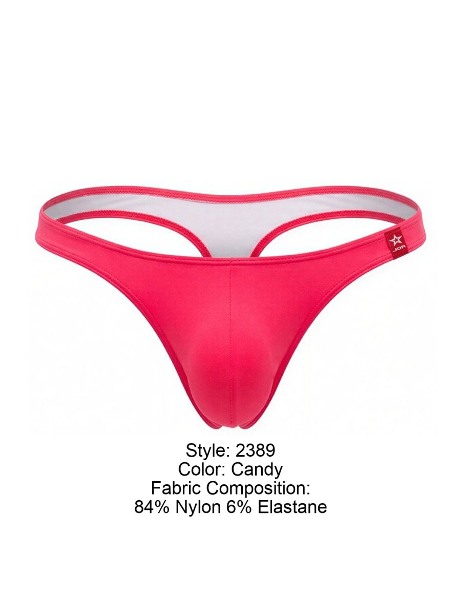 Candy pink JOR 2389 travel swim thong made of 84% nylon and 6% elastane with white inner lining