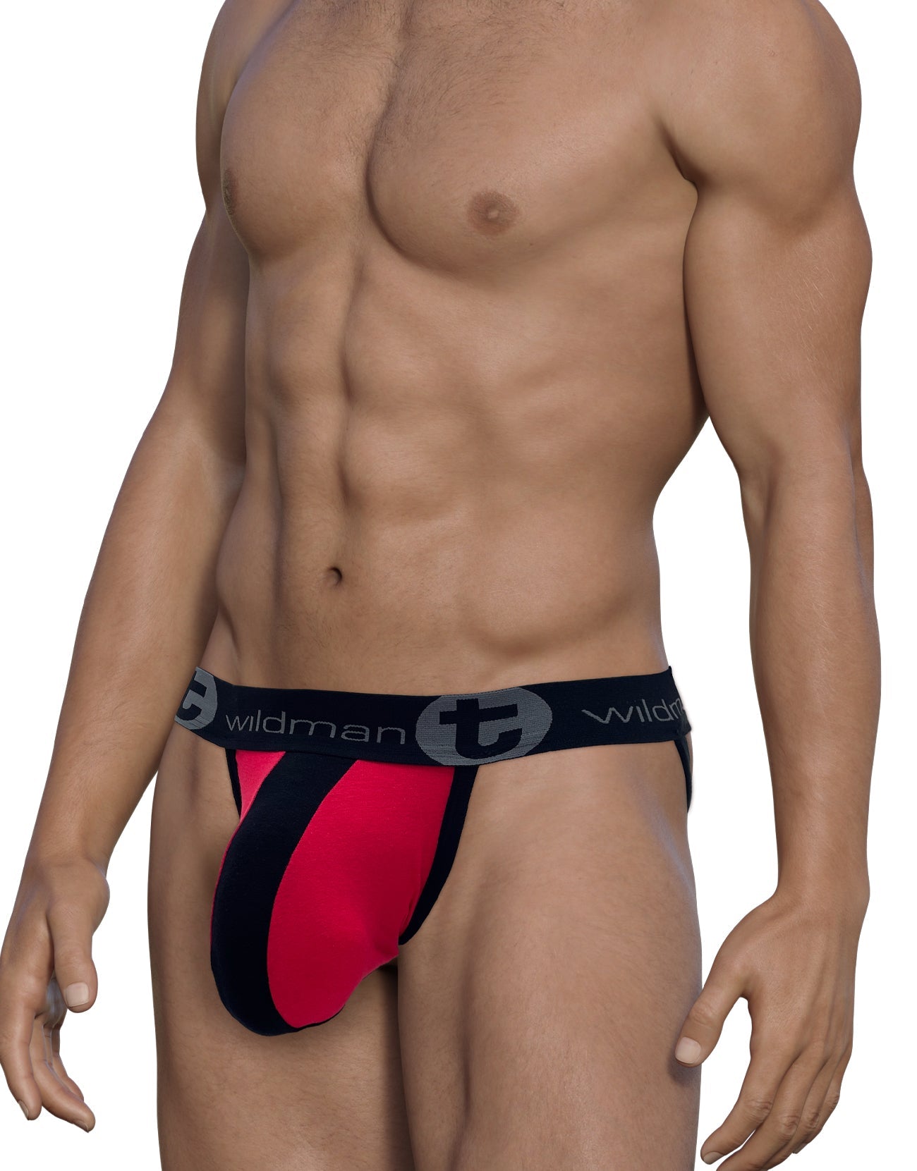 WildmanT red and black striped jockstrap with a large contour pouch and branded elastic waistband on a fit male torso.