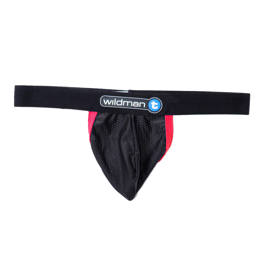 Black strapless jockstrap with mesh pouch, red side trim, and black waistband featuring a WildmanT logo patch.