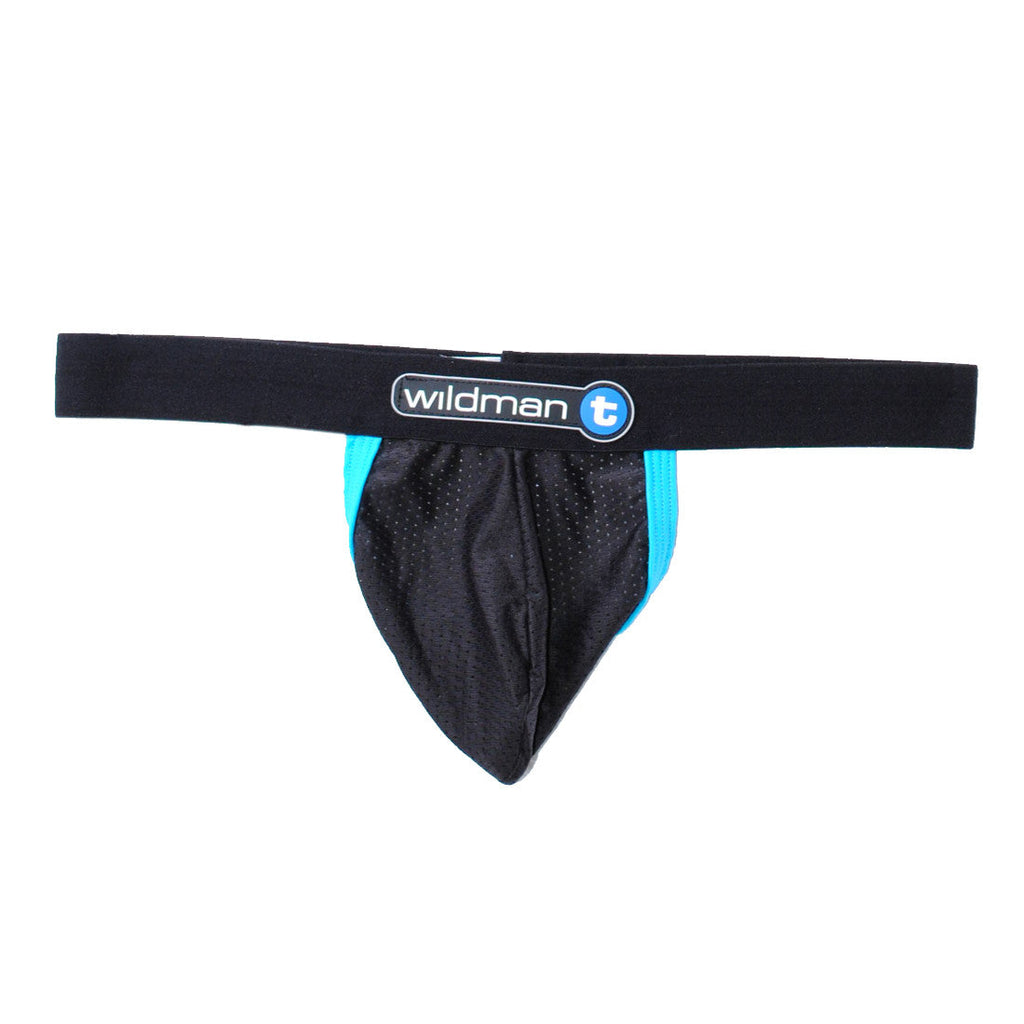 WildmanT black mesh strapless jockstrap with blue contrast trim and a branded elastic waistband on a white background.