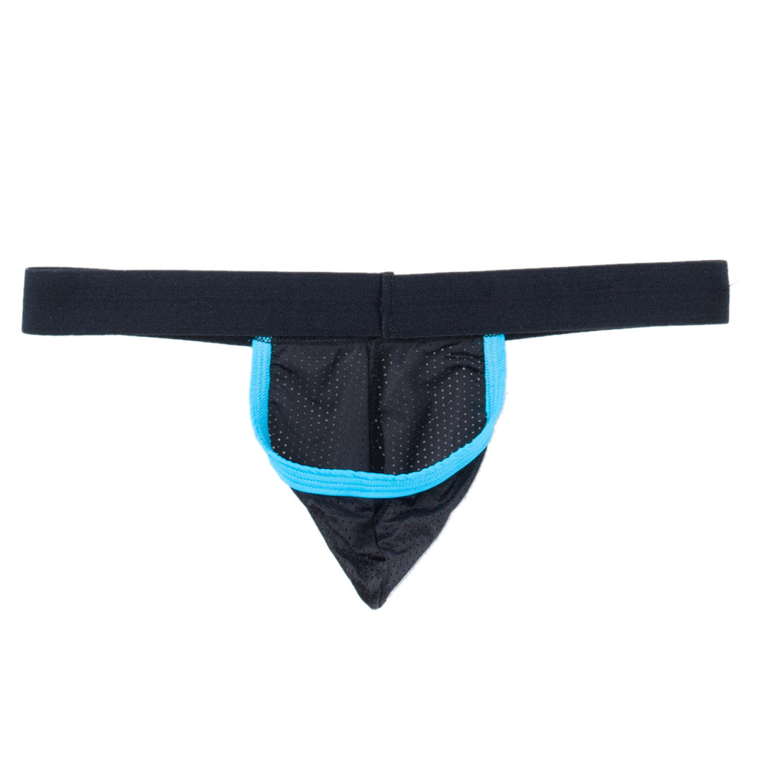 WildmanT black strapless mesh jockstrap with a wide black waistband and bright blue contrast trim on the pouch.