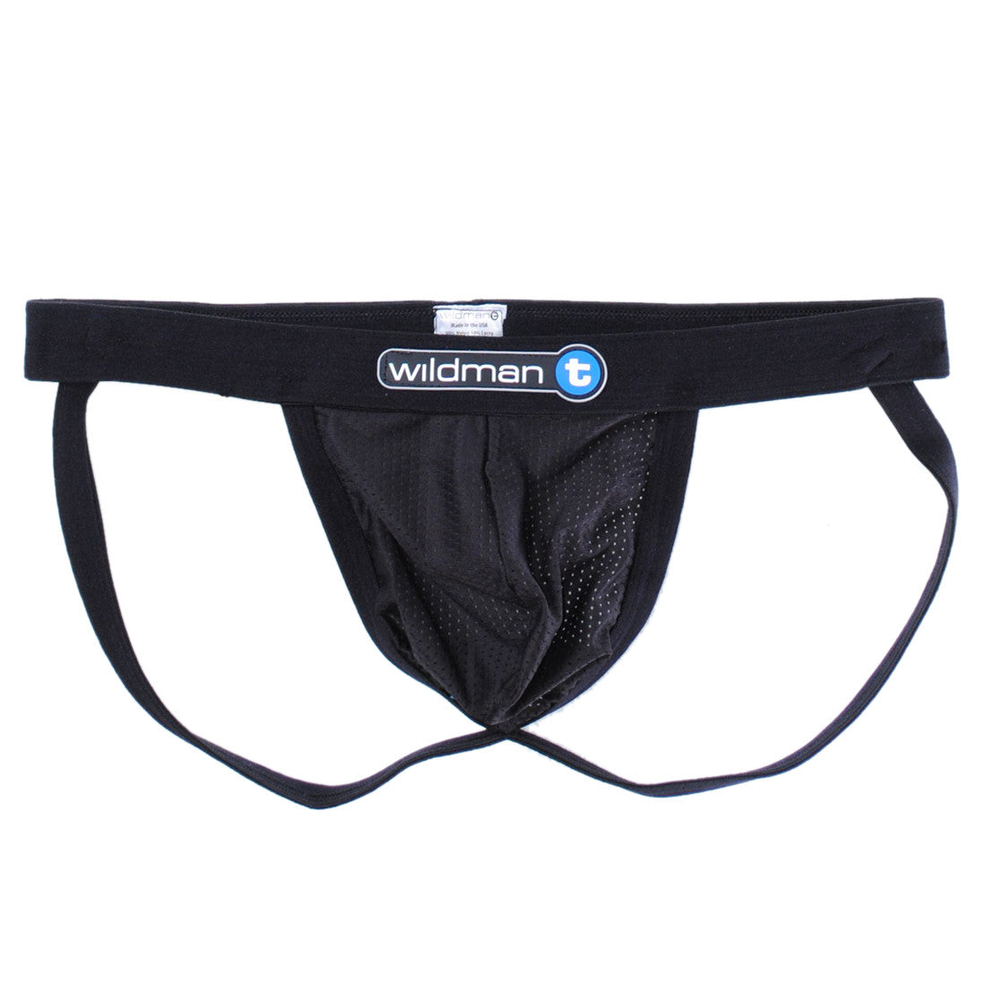 Black WildmanT raw mesh jockstrap with a black Duraband waistband and a centered white and blue brand logo.