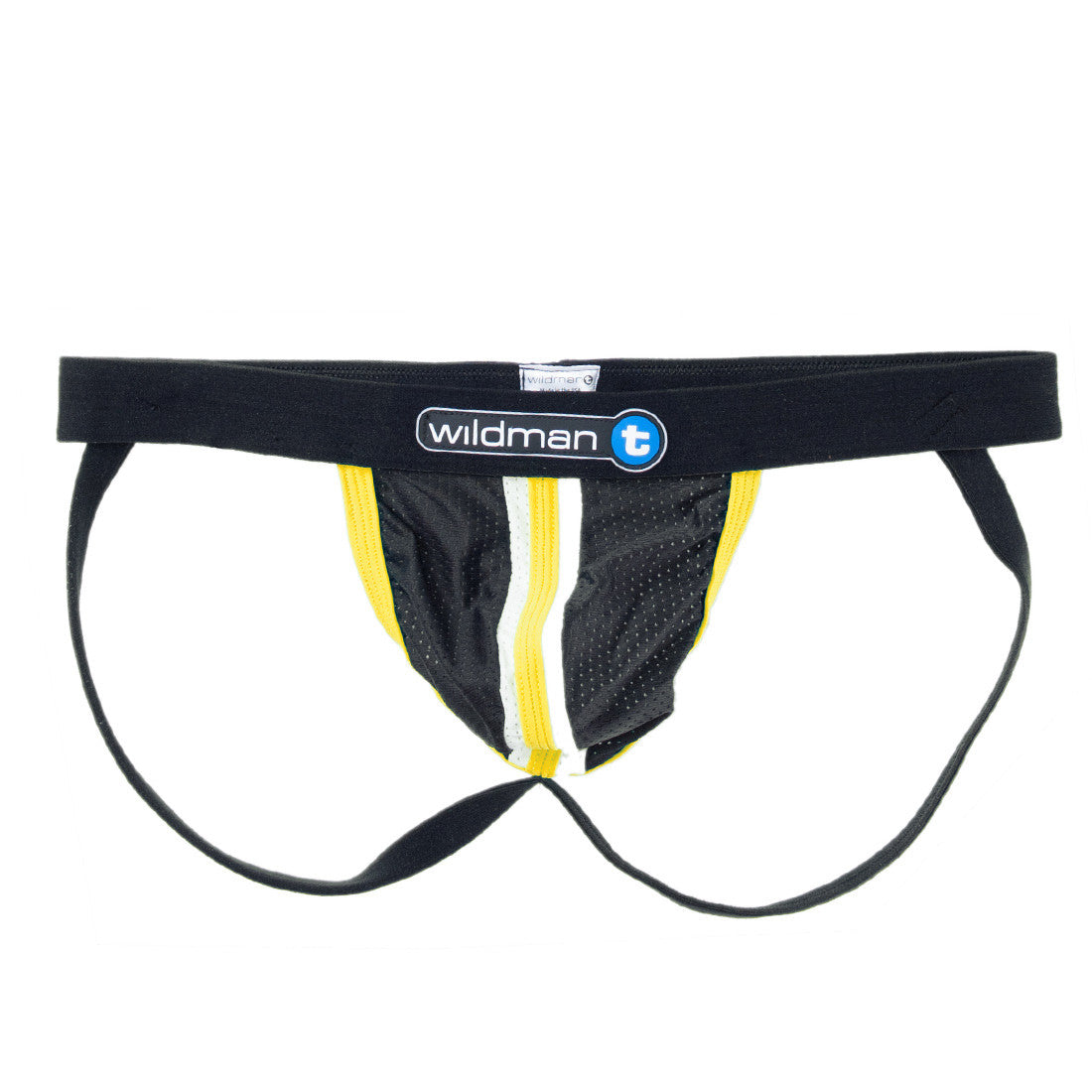 WildmanT black and yellow mesh jockstrap with a central white stripe and a black Duraband waistband with logo.