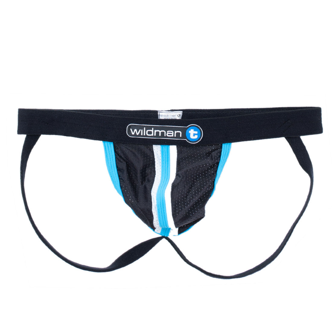 Blue and black mesh jockstrap with a black Duraband waistband featuring the WildmanT logo and center vertical stripes.