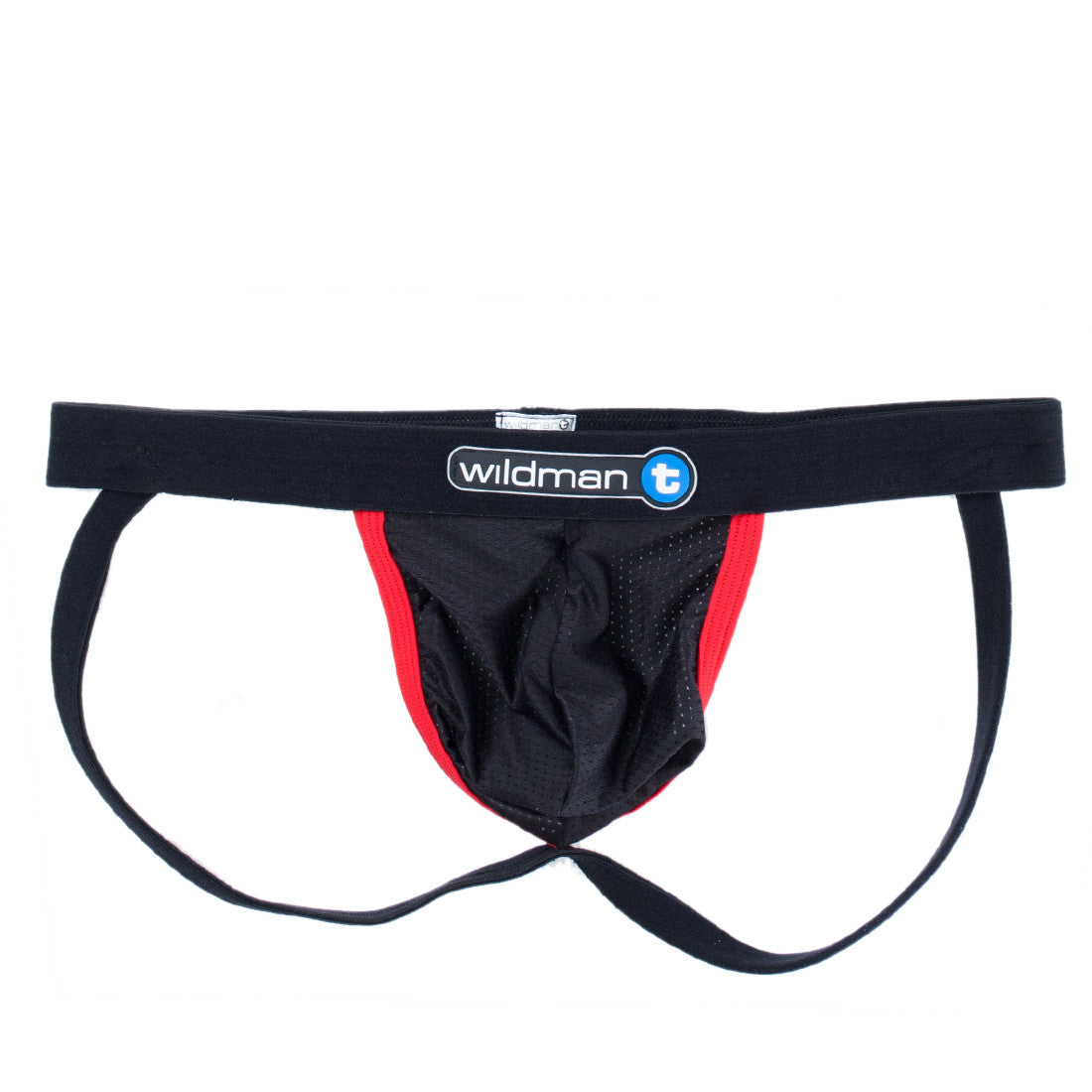 Black mesh jockstrap with red contrast trim and a branded black waistband featuring the WildmanT logo.