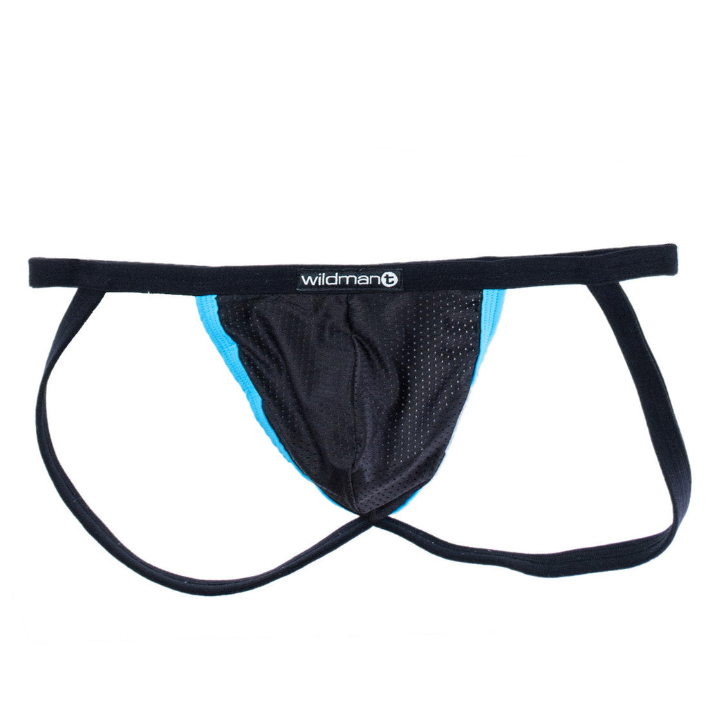 WildmanT raw mesh micro jockstrap in black with bright blue side contrast and a branded black waistband.