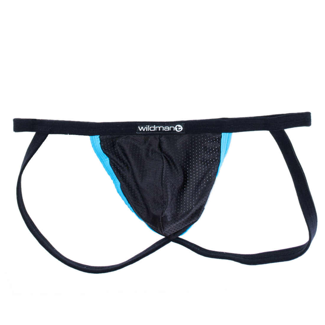 WildmanT raw mesh micro jockstrap in black with bright blue side contrast and a branded black waistband.