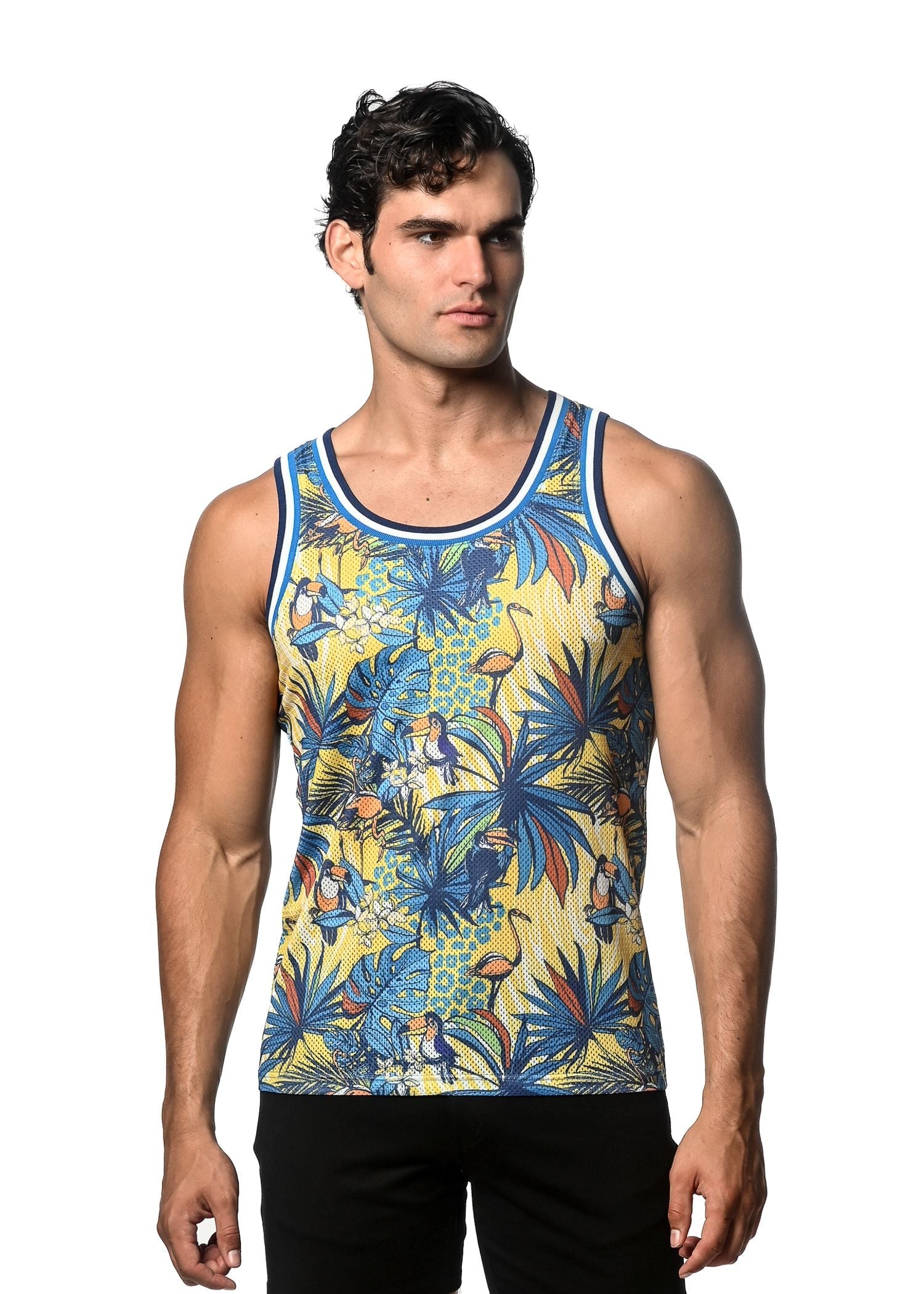 CAMISETA DE MALLA CON ESTAMPADO DE JUNGLA Y CANALÉ DE RAYAS