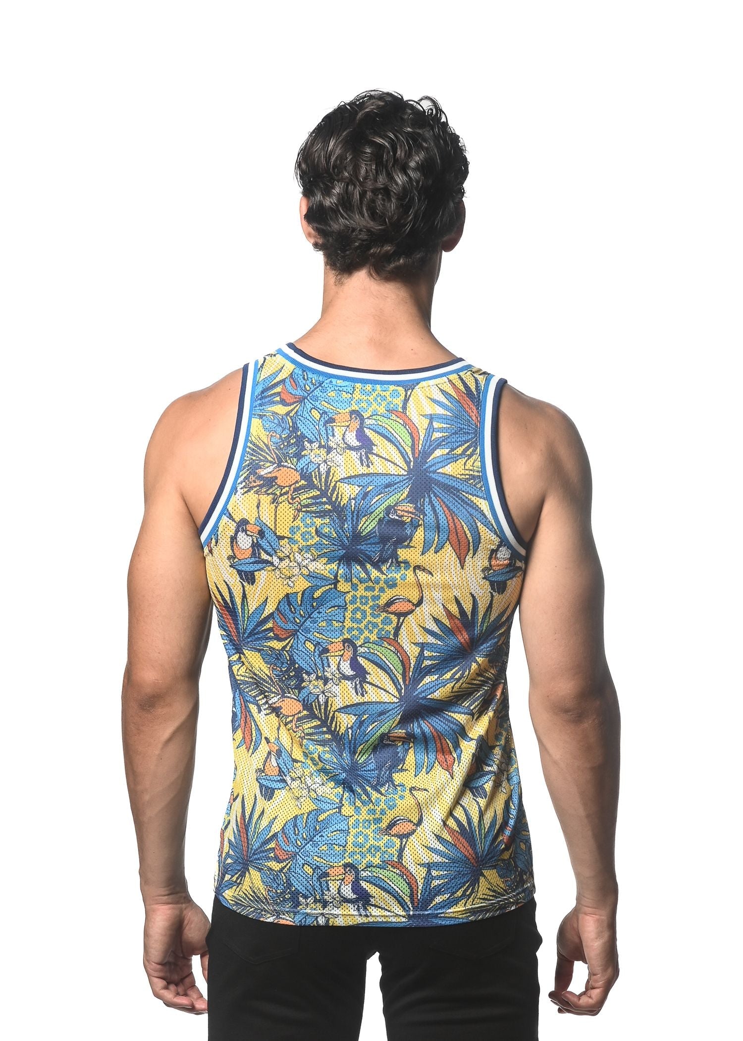 CAMISETA DE MALLA CON ESTAMPADO DE JUNGLA Y CANALÉ DE RAYAS